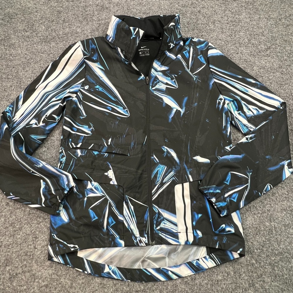 Nike Shield Running Jacket Women XS Black Blue Reflective Hooded Windbreaker